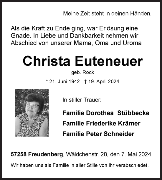 Traueranzeige von Christa Euteneuer von Siegener Zeitung