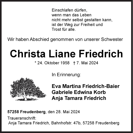 Traueranzeige von Christa  Friedrich von Siegener Zeitung