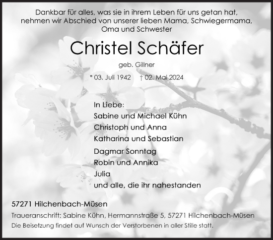 Traueranzeige von Christel Schäfer von Siegener Zeitung