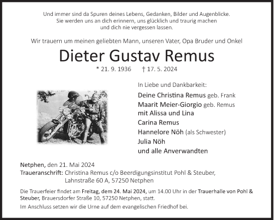 Traueranzeige von Dieter Gustav Remus von Siegener Zeitung