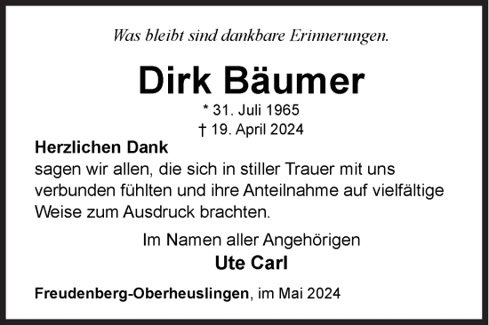 Traueranzeige von Dirk Bäumer von Siegener Zeitung