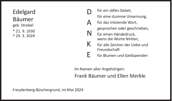 Traueranzeige von Edelgard Bäumer von Siegener Zeitung