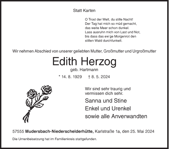 Traueranzeige von Edith Herzog von Siegener Zeitung