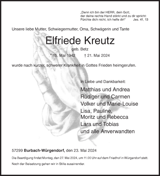 Traueranzeige von Elfriede Kreutz von Siegener Zeitung