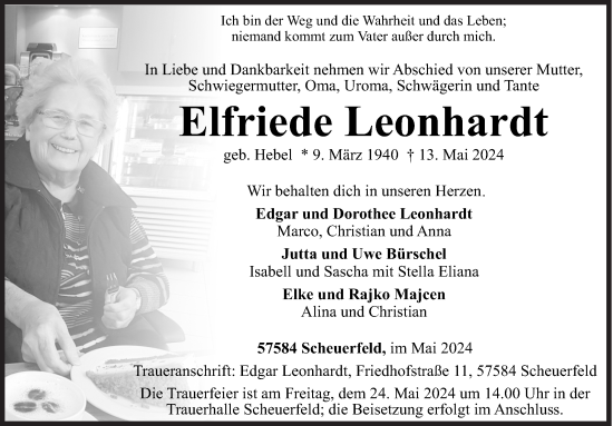 Traueranzeige von Elfriede Leonhardt von Siegener Zeitung