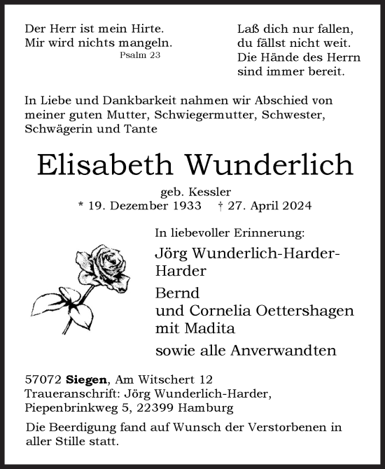 Traueranzeige von Elisabeth Wunderlich von Siegener Zeitung