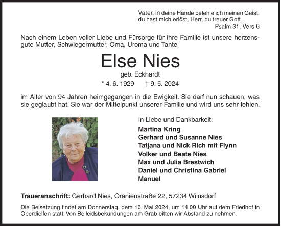 Traueranzeige von Else Nies von Siegener Zeitung