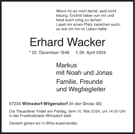 Traueranzeige von Erhard Wacker von Siegener Zeitung