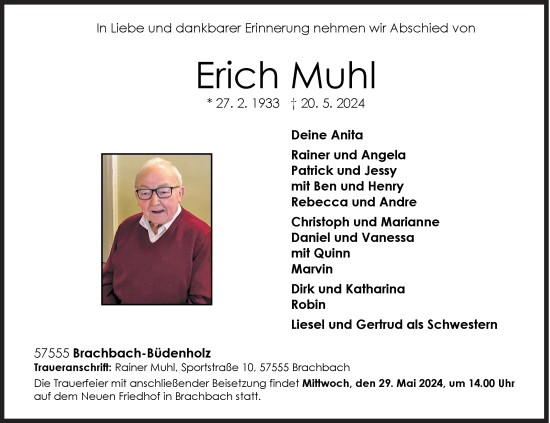 Traueranzeige von Erich Muhl von Siegener Zeitung