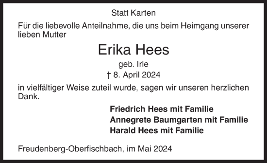 Traueranzeige von Erika Hees von Siegener Zeitung