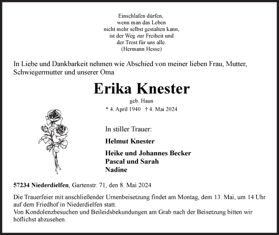 Traueranzeige von Erika Knester von Siegener Zeitung