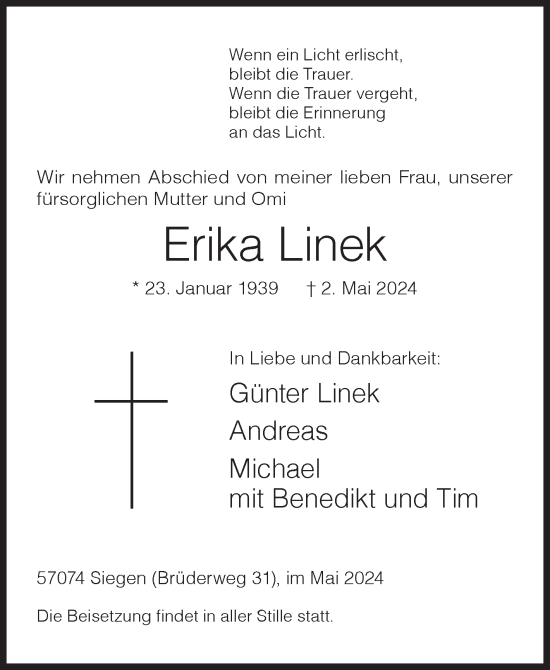 Traueranzeige von Erika Linek von Siegener Zeitung