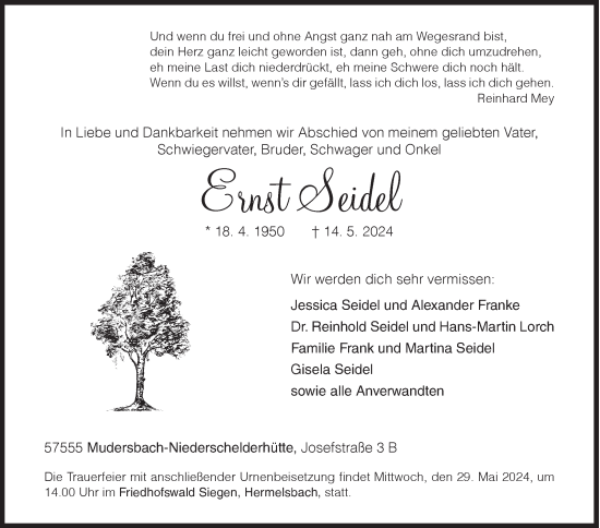 Traueranzeige von Ernst Seidel von Siegener Zeitung