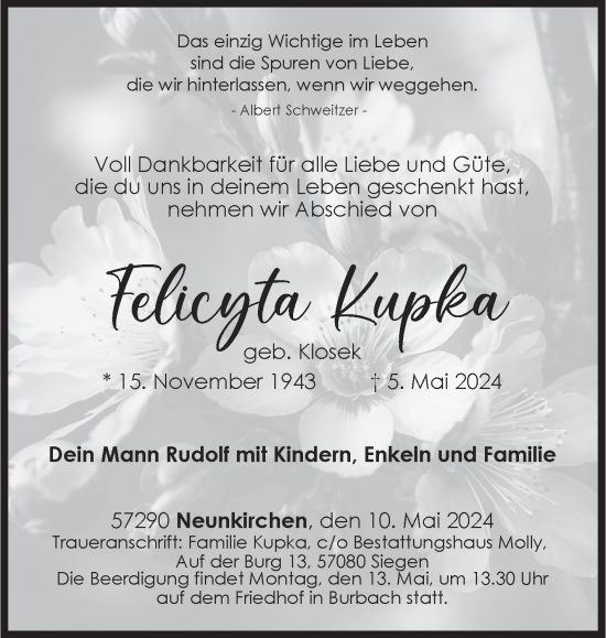 Traueranzeige von Felicyta Kupka von Siegener Zeitung