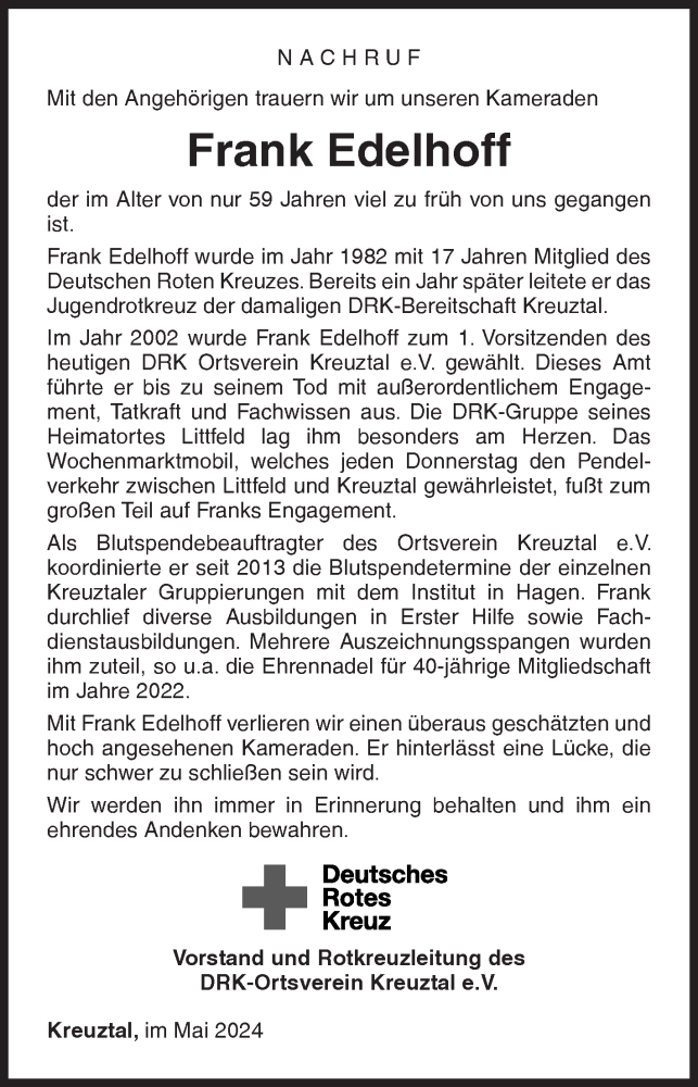  Traueranzeige für Frank Edelhoff vom 15.05.2024 aus Siegener Zeitung