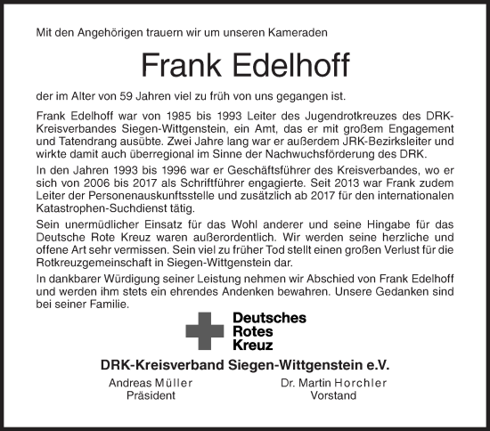 Traueranzeige von Frank Edelhoff von Siegener Zeitung