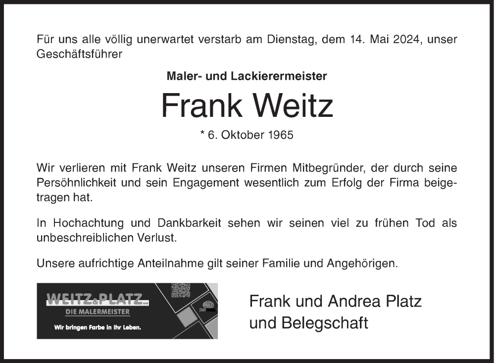  Traueranzeige für Frank Weitz vom 18.05.2024 aus Siegener Zeitung