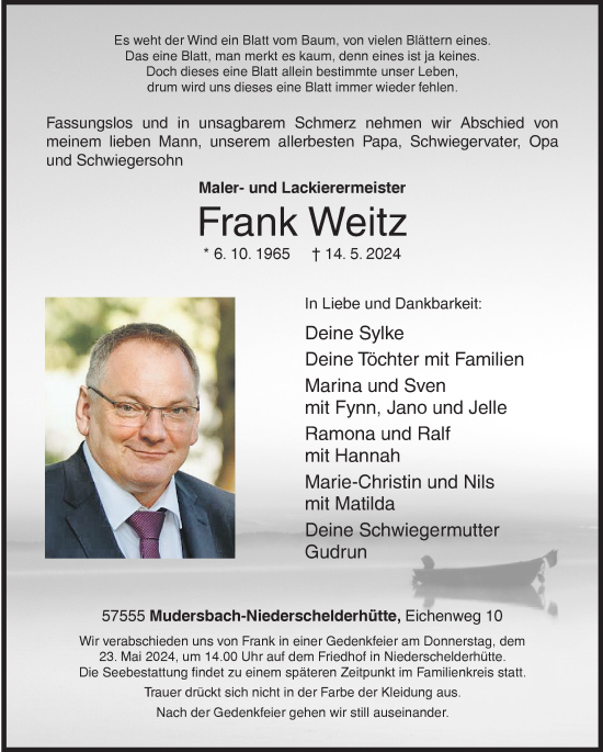 Traueranzeige von Frank Weitz von Siegener Zeitung