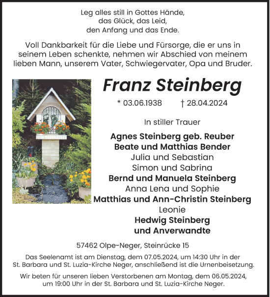 Traueranzeige von Franz Steinberg von Siegener Zeitung