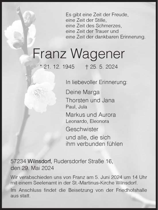 Traueranzeige von Franz Wagener von Siegener Zeitung