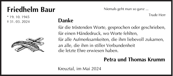 Traueranzeige von Friedhelm Baur von Siegener Zeitung