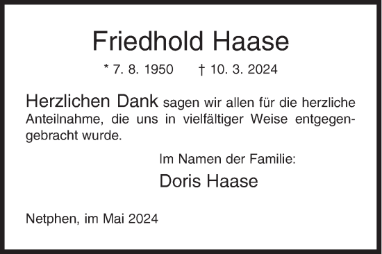Traueranzeige von Friedhold Haase von Siegener Zeitung
