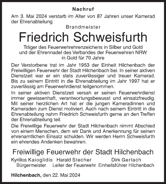 Traueranzeige von Friedrich Schweisfurth von Siegener Zeitung