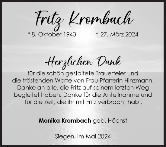 Traueranzeige von Fritz Krombach von Siegener Zeitung
