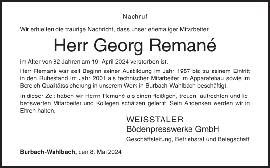 Traueranzeige von Georg Remané von Siegener Zeitung