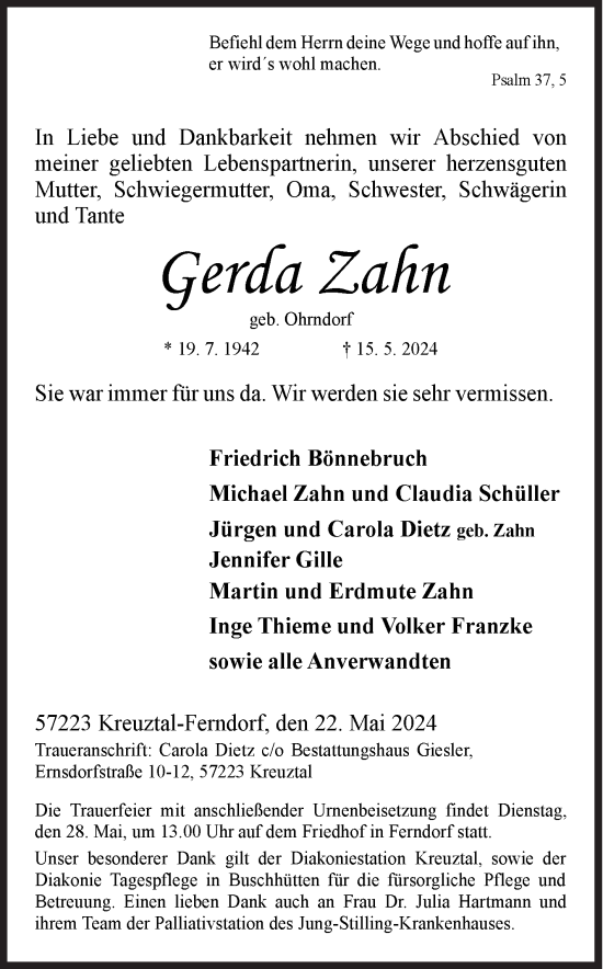 Traueranzeige von Gerda Zahn von Siegener Zeitung