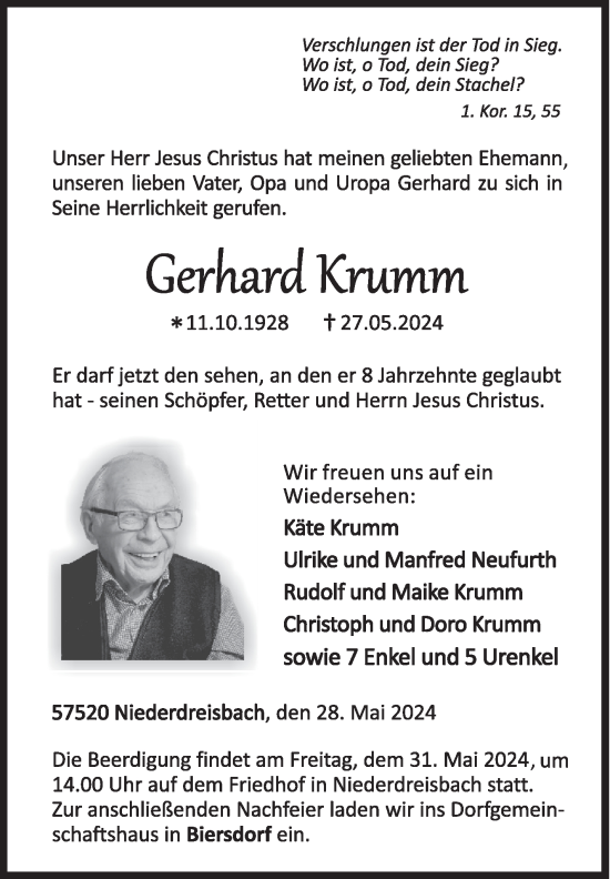 Traueranzeige von Gerhard Krumm von Siegener Zeitung