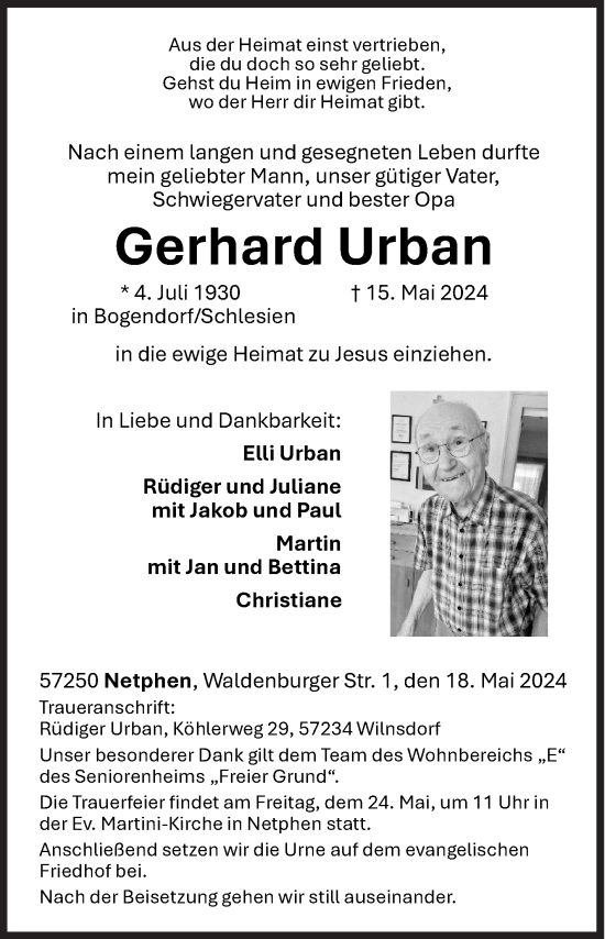 Traueranzeige von Gerhard Urban von Siegener Zeitung