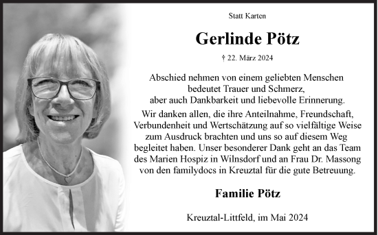 Traueranzeige von Gerlinde Pötz von Siegener Zeitung