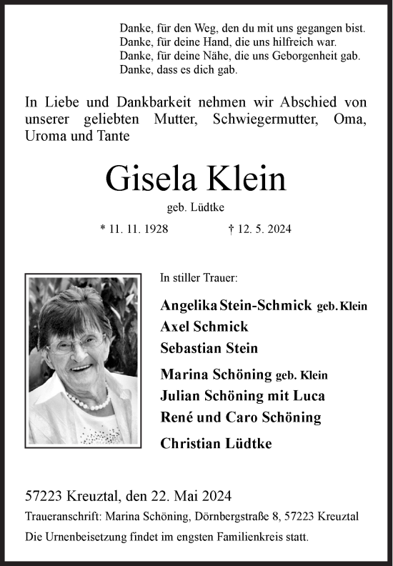 Traueranzeige von Gisela Klein von Siegener Zeitung