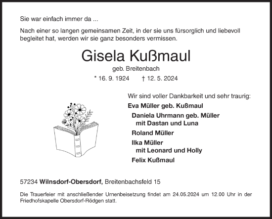 Traueranzeige von Gisela Kußmaul von Siegener Zeitung