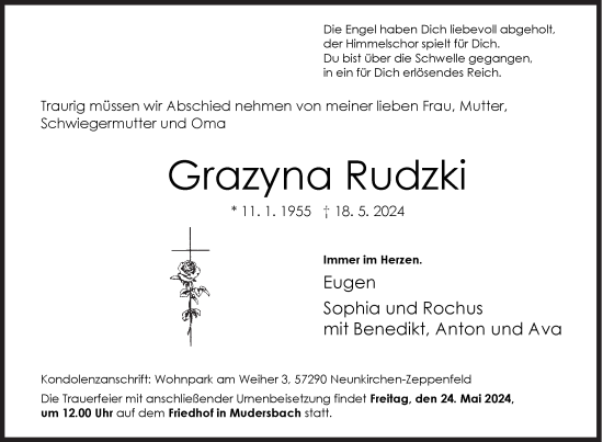 Traueranzeige von Grazyna Rudzki von Siegener Zeitung