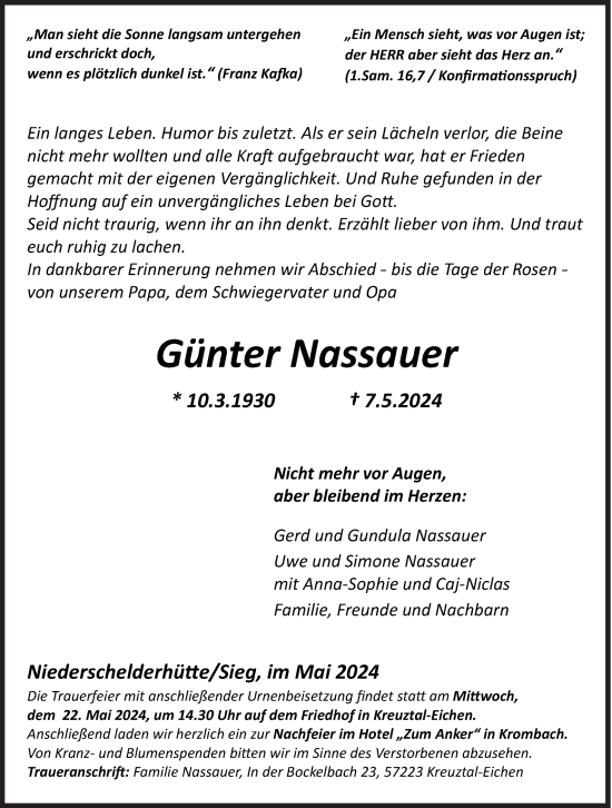 Traueranzeige von Günter Nassauer von Siegener Zeitung