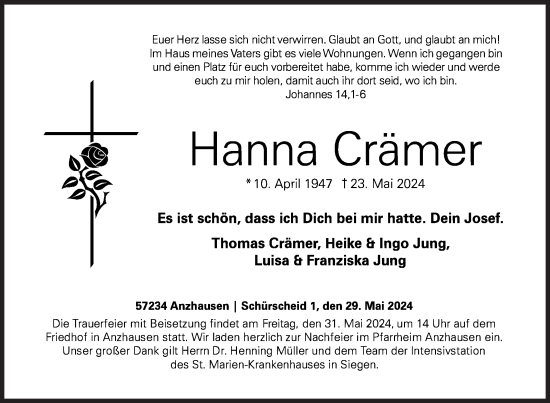 Traueranzeige von Hanna Crämer von Siegener Zeitung