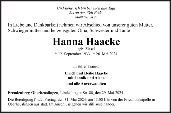 Traueranzeige von Hanna Haacke von Siegener Zeitung