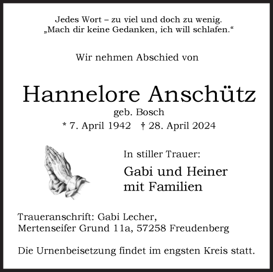 Traueranzeige von Hannelore Anschütz von Siegener Zeitung