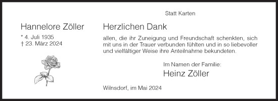 Traueranzeige von Hannelore Zöller von Siegener Zeitung