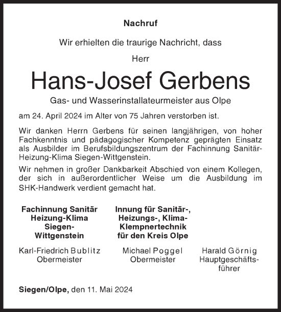 Traueranzeige von Hans-Josef Gerbens von Siegener Zeitung
