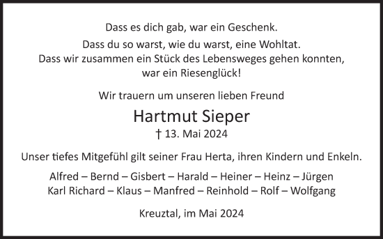 Traueranzeige von Hartmut Sieper von Siegener Zeitung