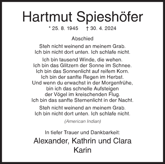 Traueranzeige von Hartmut Spieshöfer von Siegener Zeitung