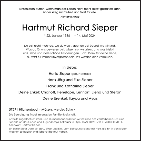 Traueranzeige von Hartmut Richard Sieper von Siegener Zeitung