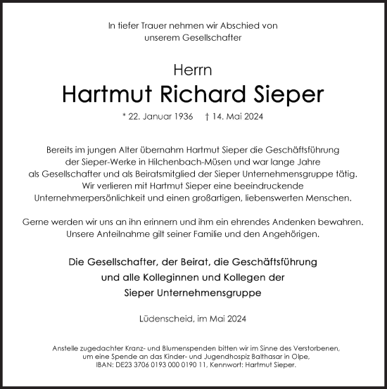 Traueranzeige von Hartmut Richard Sieper von Siegener Zeitung