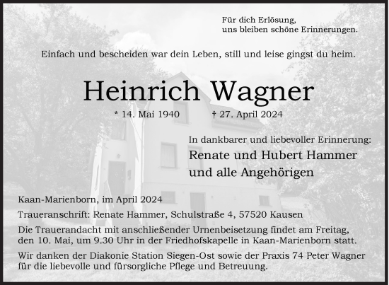 Traueranzeige von Heinrich Wagner von Siegener Zeitung