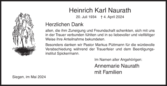Traueranzeige von Heinrich Karl Naurath von Siegener Zeitung