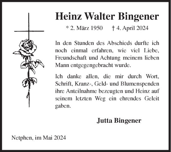 Traueranzeige von Heinz Walter Bingener von Siegener Zeitung