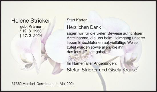 Traueranzeige von Helene Stricker von Siegener Zeitung